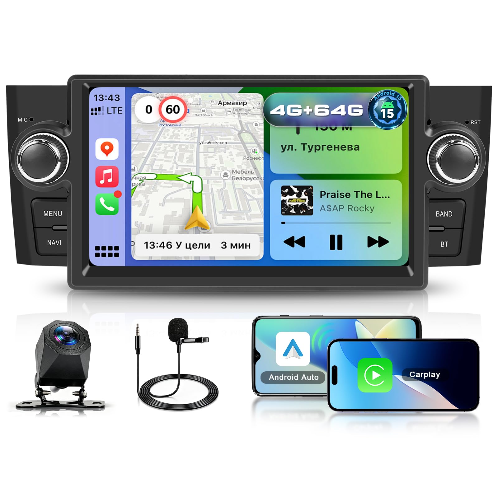 Autoradio per Fiat Punto/Grande Punto 2005-2009 Linea 2007-2011,4G+64G Car Stereo Carplay Wireless/Android Auto,7” IPS Schermo con Bluetooth 5G-WiFi GPS FM RDS DSP SWC +AHD Telecamera