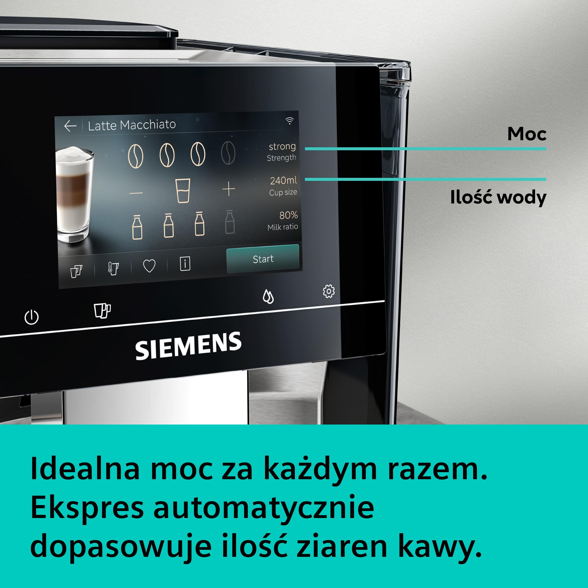Siemens, automatyczny ekspres do kawy, EQ700 iAroma, wyświetlacz dotykowy, zintegrowany pojemnik na mleko, podgrzewacz filiżanek, Cold Brew i Slow Brew, stal nierdzewna/czarny, TQ727E03