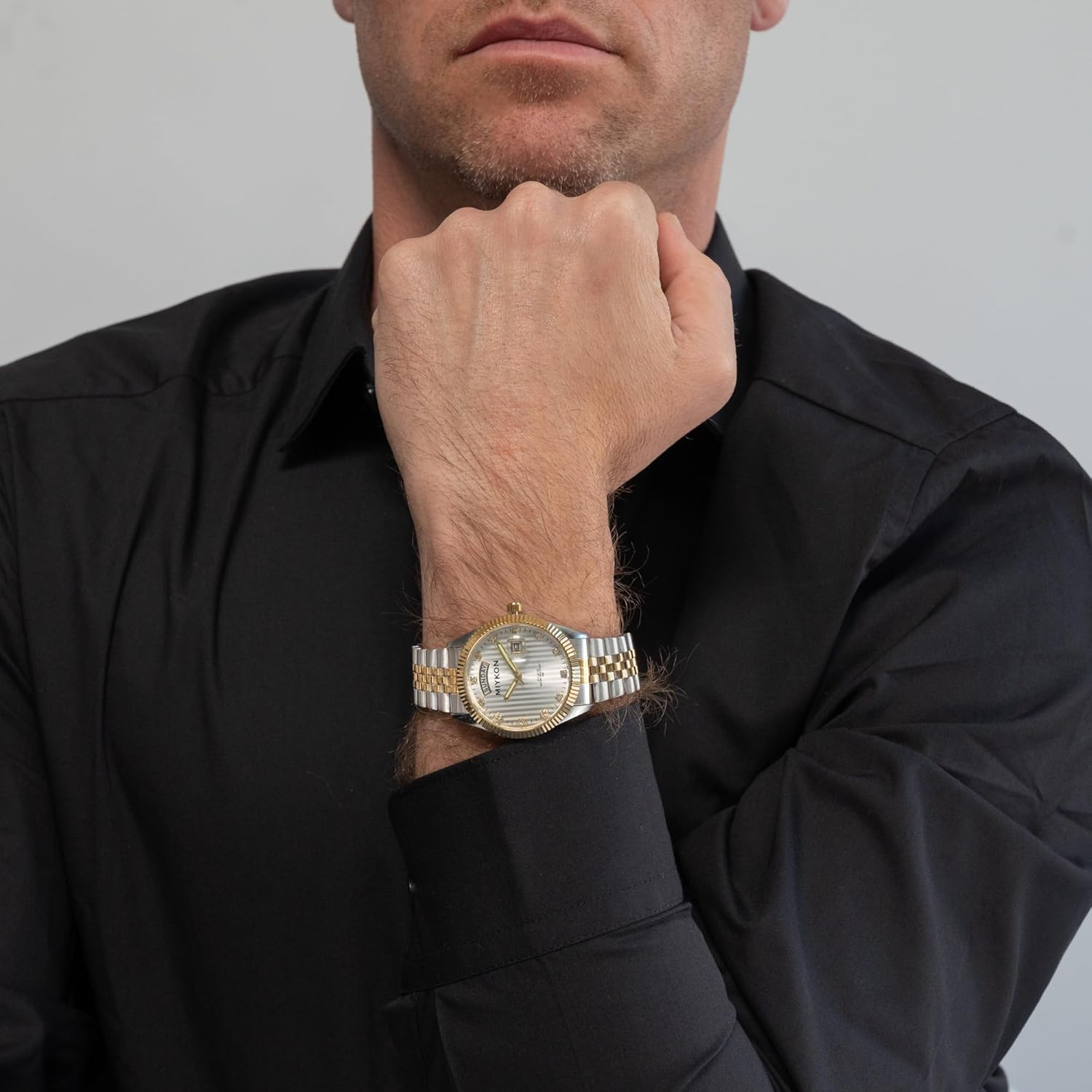 Miykon Silver and Gold Watches for Men | Day Date Mens Dress Watch with Genuine Crystals and Stainless Steel Bracelet | Ion Polished, Lume Hands, Anti-Scratch Glass, Japan Quartz, 100ft Water Resist