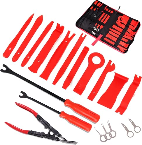 19Pcs Trim Removal Tool Kit, Auto Clip Pliers Fastener Remover Set,Plastic Pry Tool Repair for Car Panel Dashboard,Audio,Dash,Window,Clip and Upholstery with Storage Bag,Red
