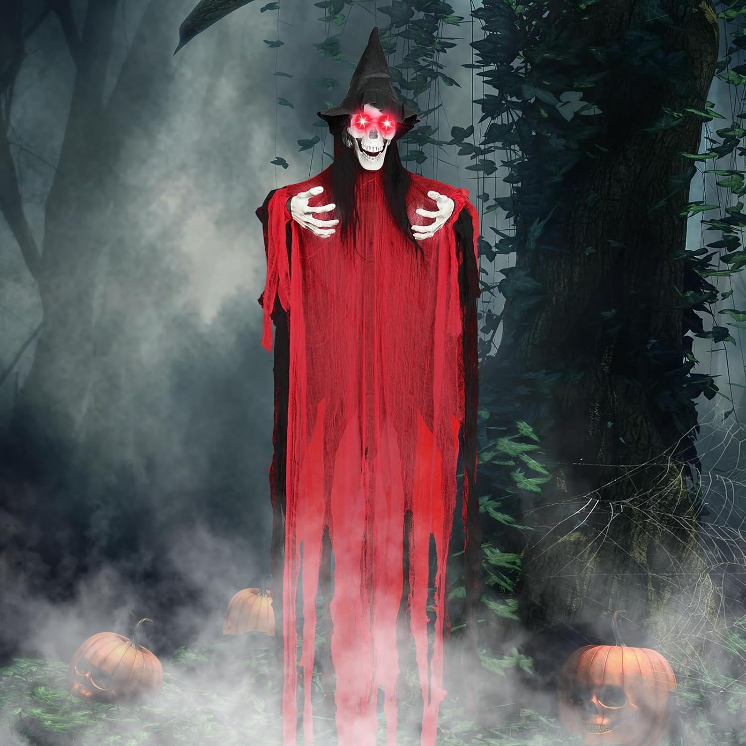 74.8" Halloween Decorations Outdoor - Moving Life-Size Skeleton Witch with Glowing Eyes, Sound-Actived Halloween Party Decoration with Creepy Sound (RED)