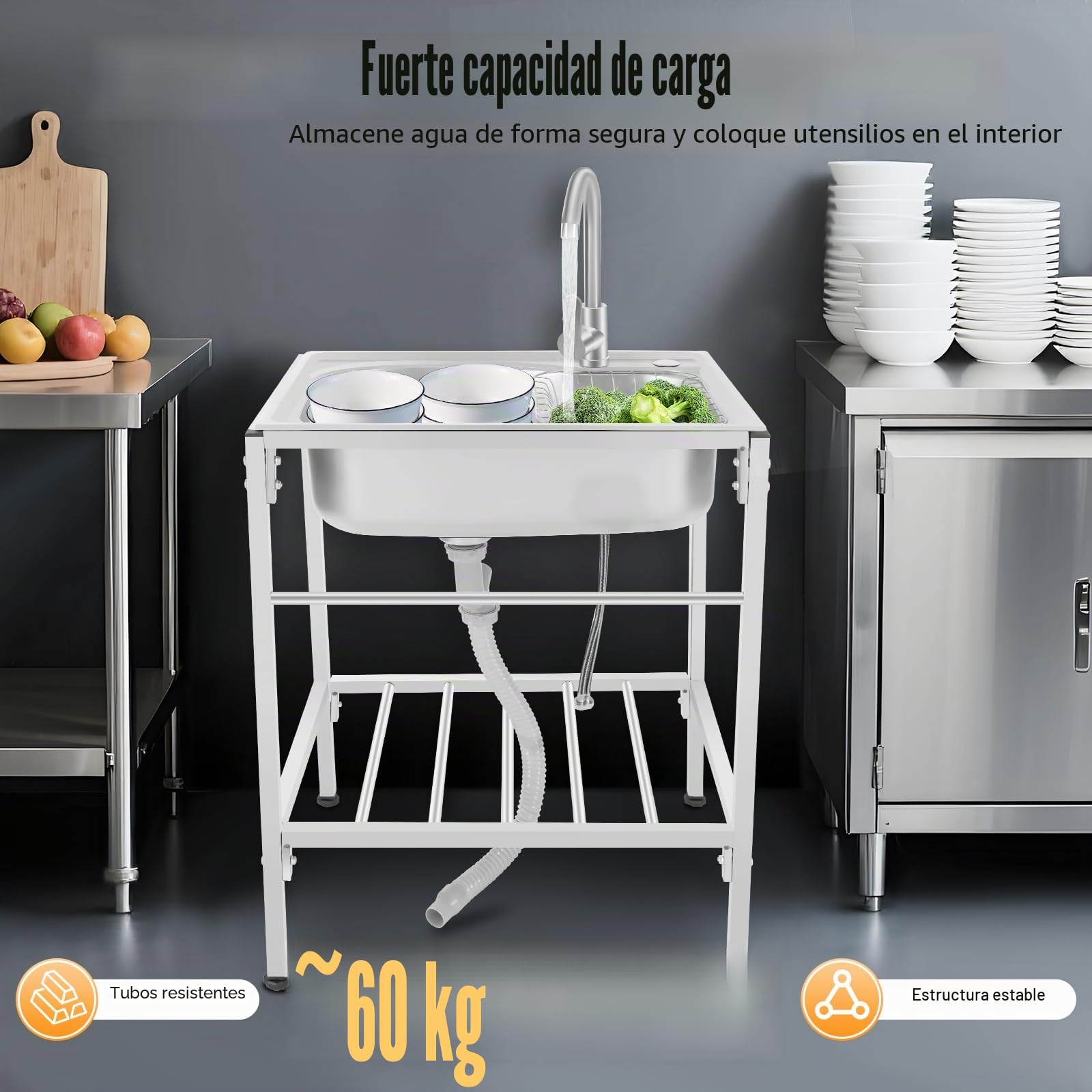 Fregadero de cocina, fregadero independiente, fregadero inox, con grifo caliente y frío, cesta de drenaje, drenaje, soporte ajustable, lavabo, 60 x 45 x 75 cm para cocina, taller, exterior