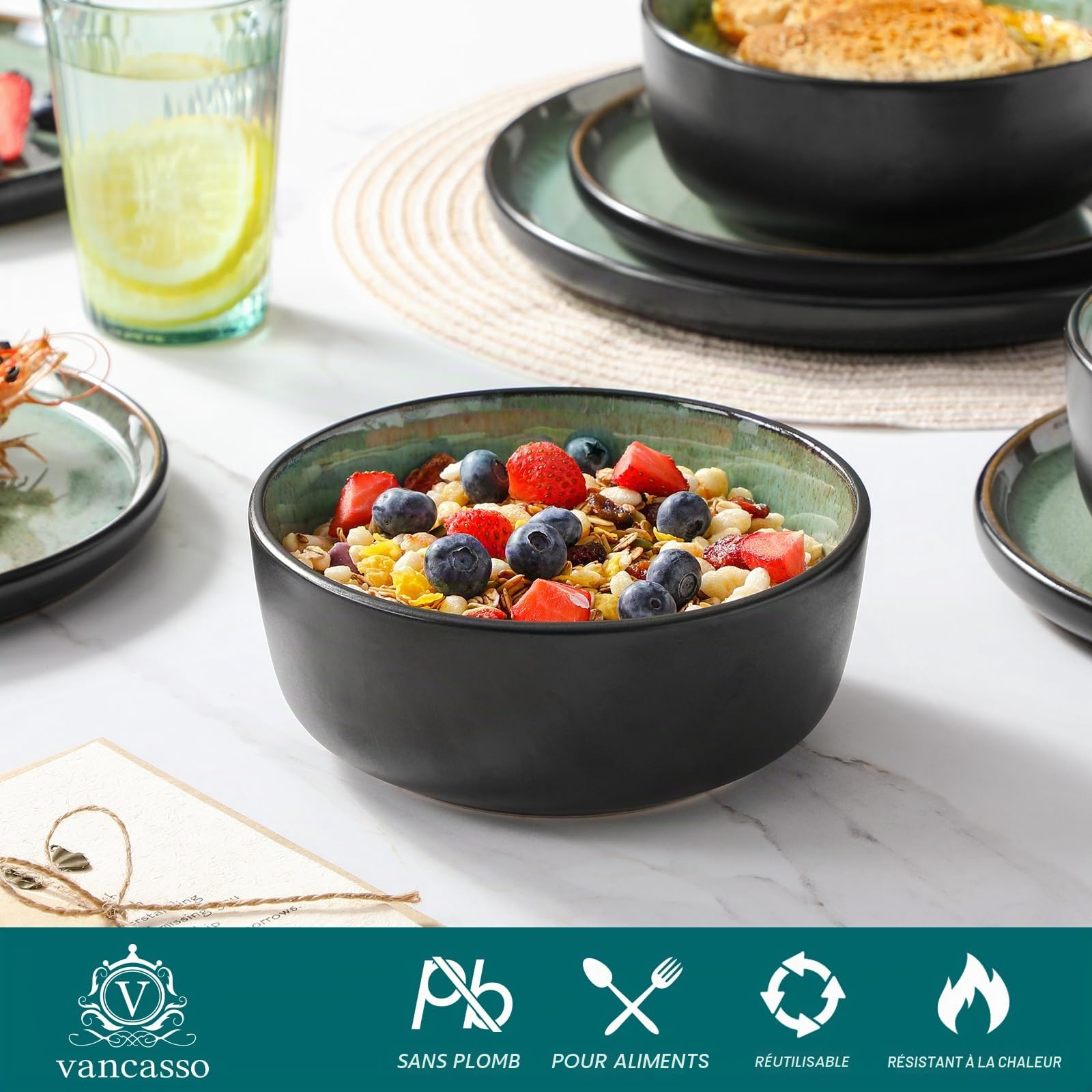 vancasso AMBER Service Vaisselle 6 Personnes, Ensemble Assiettes de Table 24 Pièces en Grès - Assiettes Plates, Assiettes à Dessert, Bols à Pâtes et Bols - Adapté au Micro-Ondes - Glaçure Vert