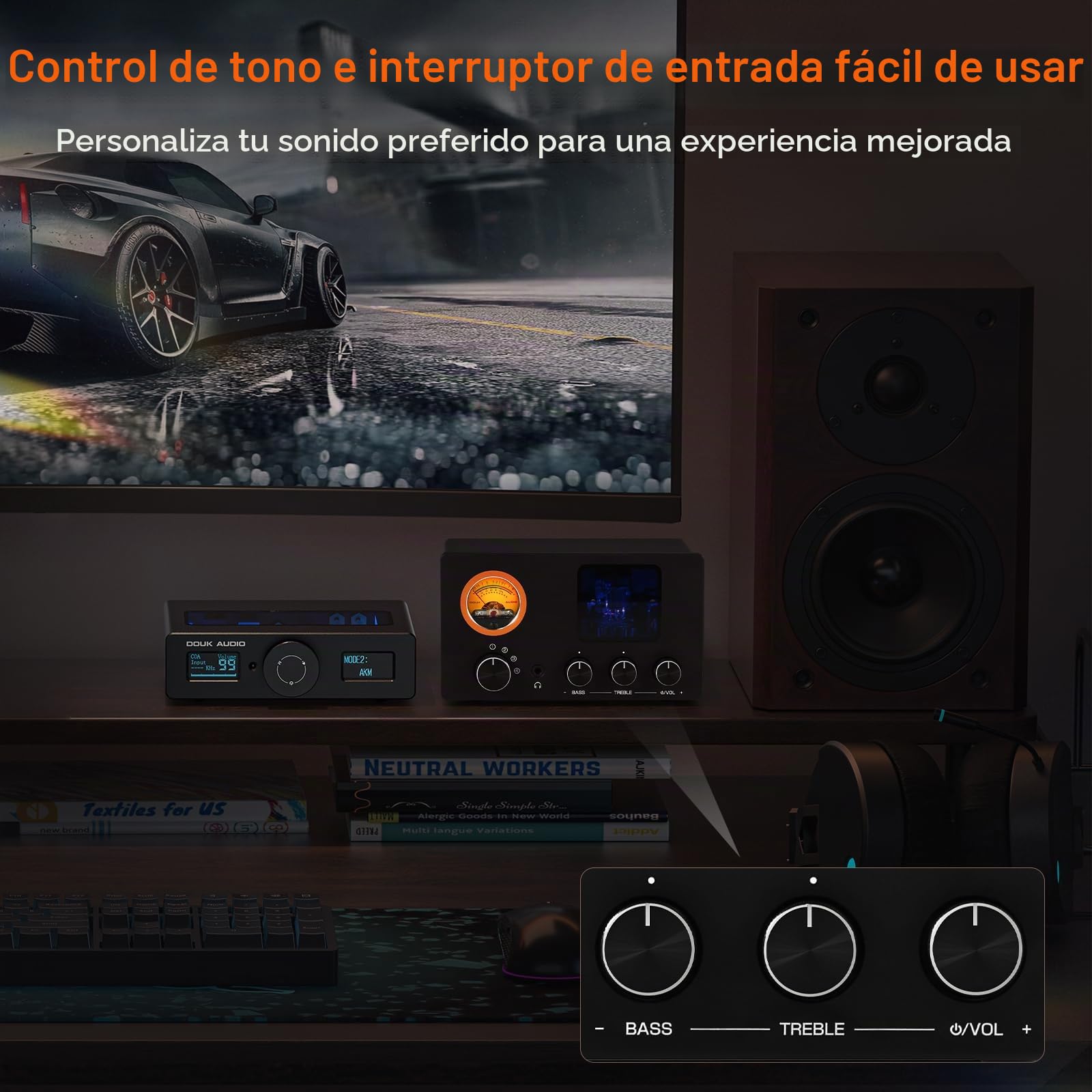 Preamplificador de válvulas Douk Audio TUBE-T5C: Amplificador de auriculares con medidor VU, selector RCA de 4 vías y control de sonido para receptor, amplificador, altavoz y auriculares de 16-600 Ω.