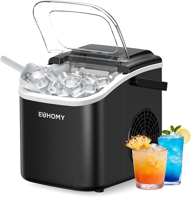 Euhomy Machine à glaçons, 26.5 lbs/24H Machine à glace de comptoir avec auto-nettoyage, 8 Cubes de glace Bullet Prêt en 6 Mins, Machine à glaçon portable compact pour la maison, Cuisine, Bureau, Bar, Fêtes (Noir foncé)