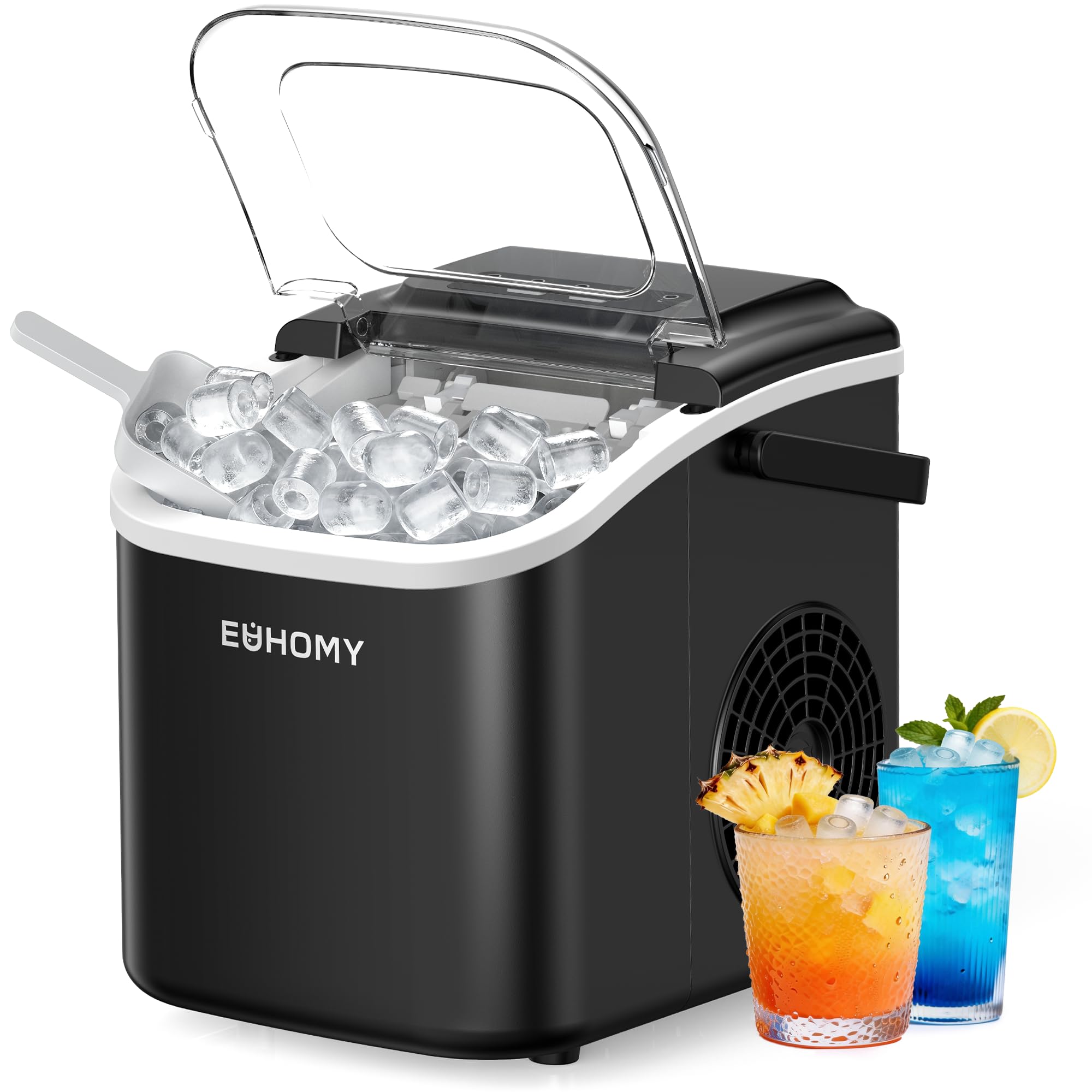 Euhomy Ice Making Machine, 26.5 lbs/24H Countertop Ice Maker with Self-Cleaning, 8 Bullet Ice Cubes Ready in 6 Mins, Compact Portable Ice Maker for Home, Kitchen, Office, Bar, Parties (Dark Black)