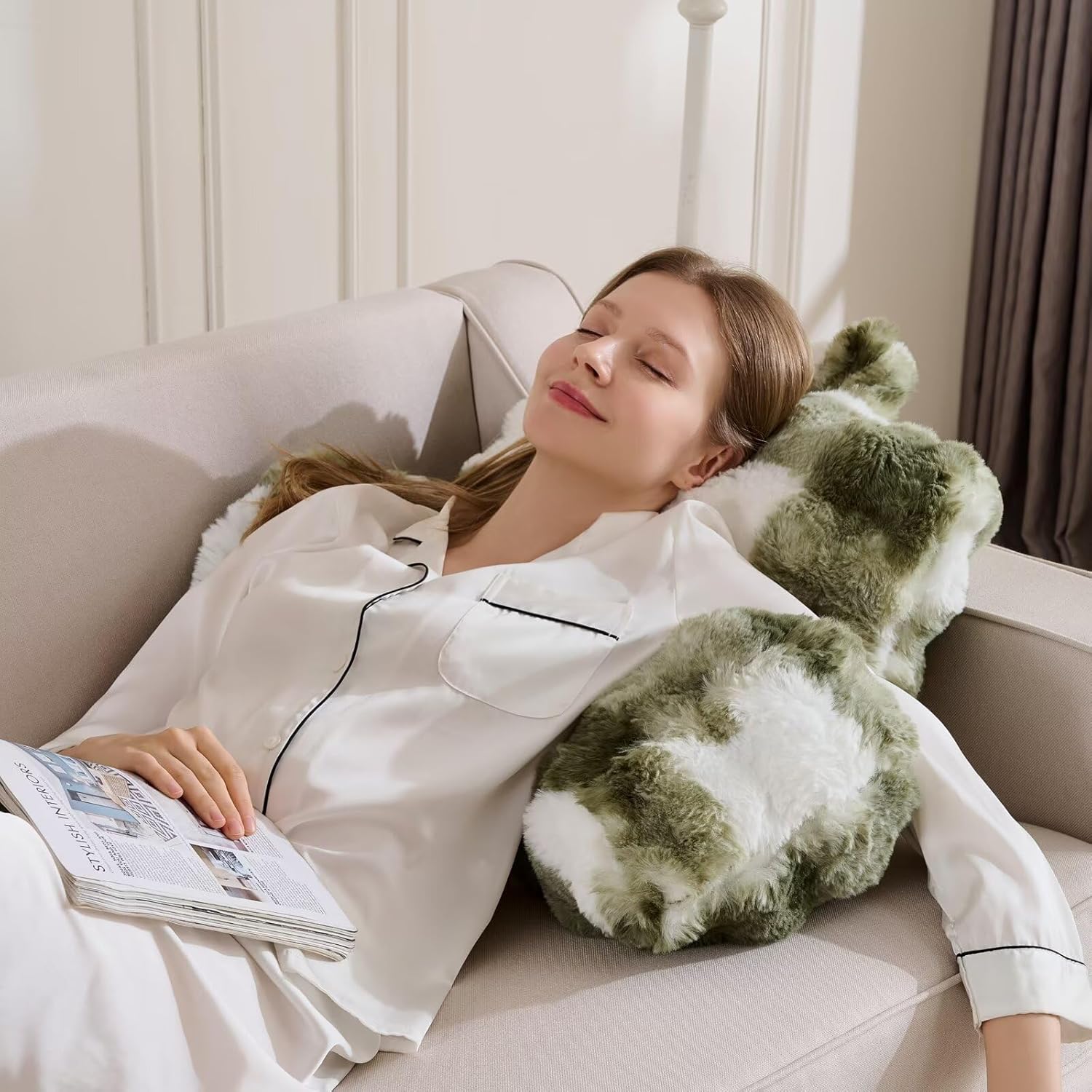 Reading Pillows for Boyfriend Adult,Velvet Back Pillow Bed Wedge Large, Back Rest Support Cushion for Sitting Up in Bed/Couch for Bedrest 18inch-Sage Green Grid Print - Image 4