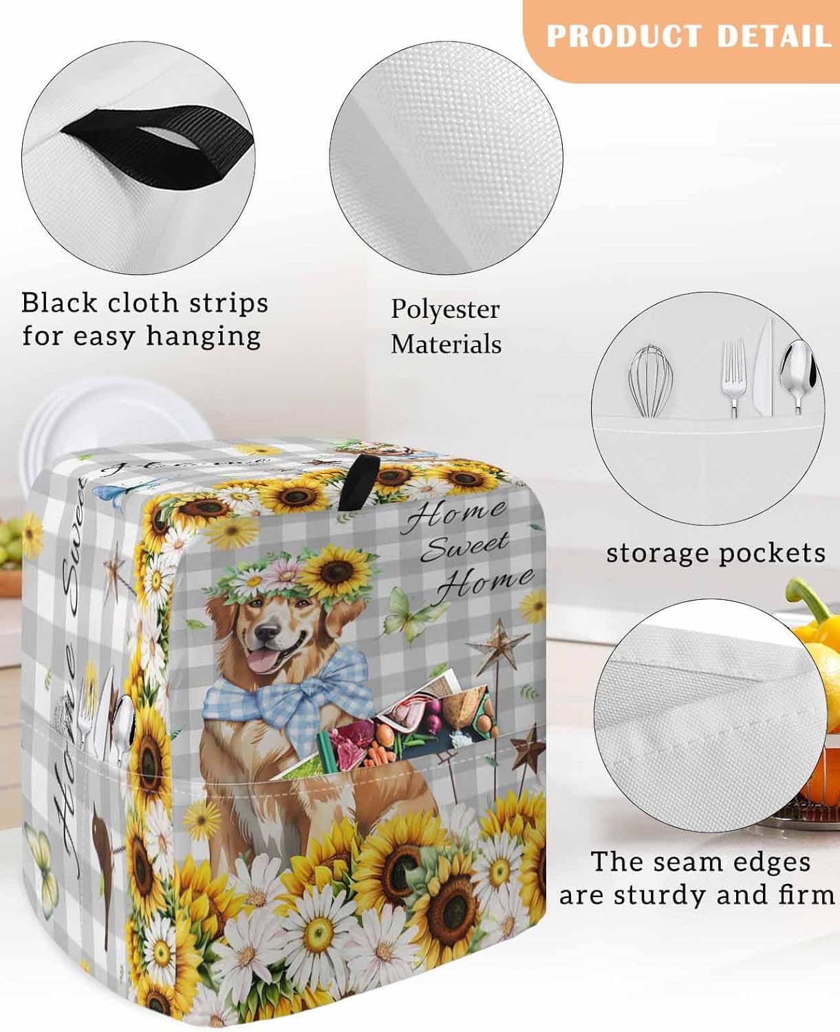 Sunflowers Dog Stand Mixer Cover with Storage Pocket, Waterproof Kitchen Mixer Covers, Spring Watercolor Floral Stars Grey Plaid Kitchen Appliance Dust Cover Compatible with 6-9 Quart Mixers