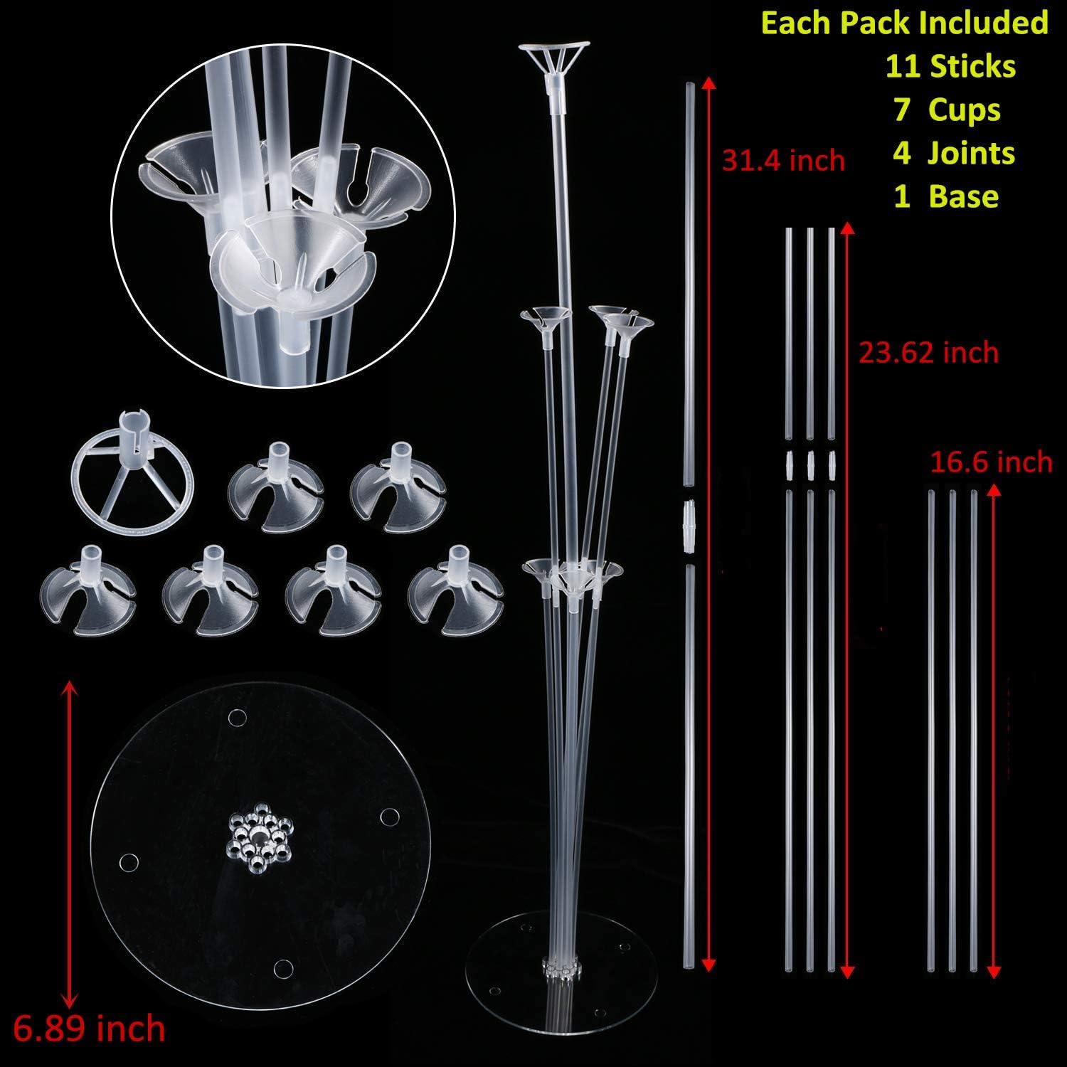 Balloon Table Stand Kit 6 Sets for Birthday Decorations, Wedding Decorations, Party Decorations, Clear Balloon Holder Stands Kit with 11 Balloon Sticks, 7 Balloon Cups, 4 Union Joints and 1 Balloon Base