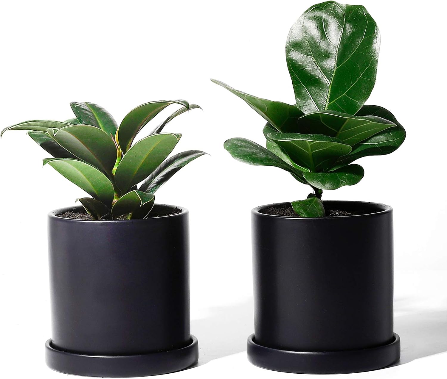 POTEY Ceramic Plant Pots with Saucers - 3.8" Flower Planter Indoor with Drainage Medium Container Minimalism Round - Set of 2, Matte Black