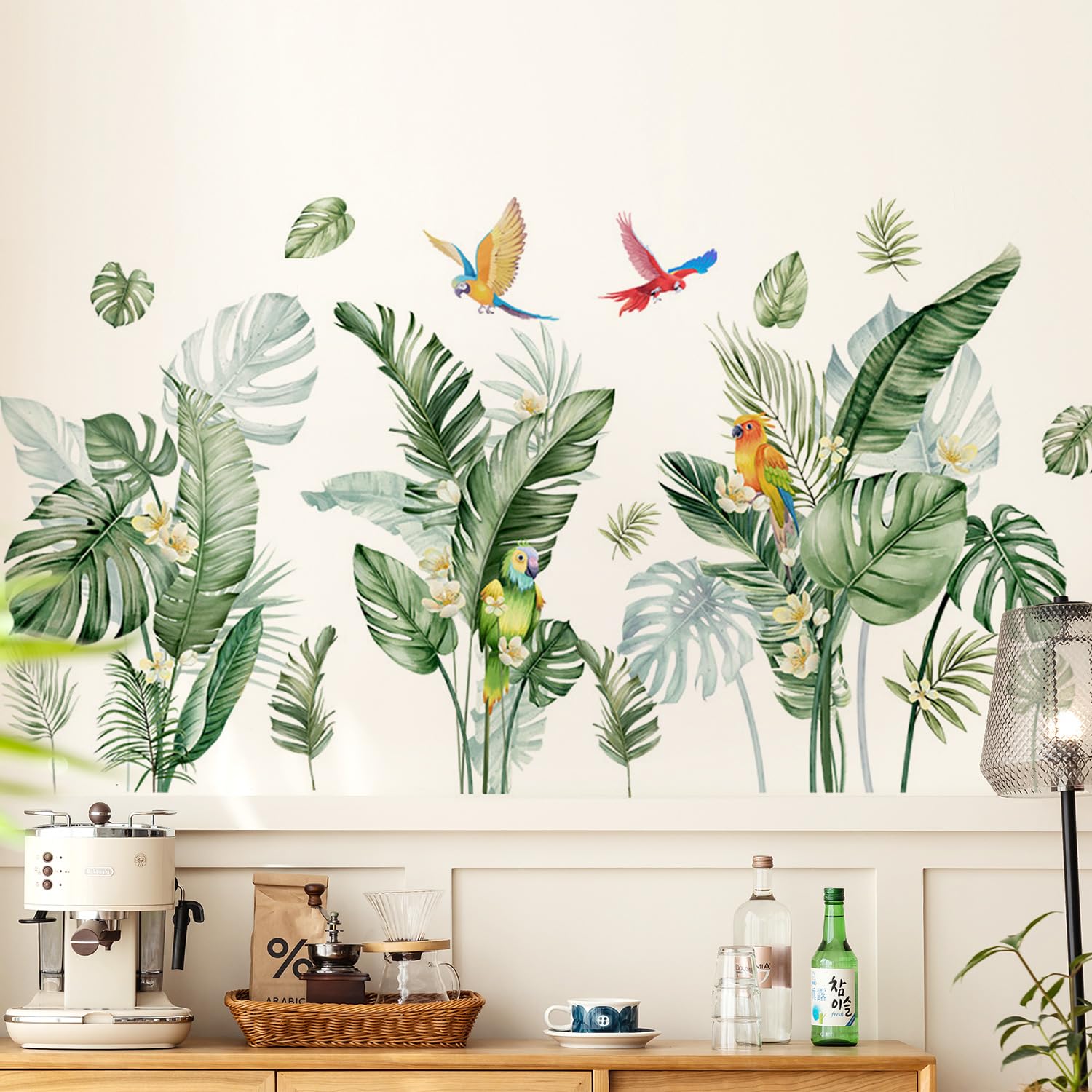 Stickers muraux feuilles tropicales et oiseaux pour déco chambre enfant
