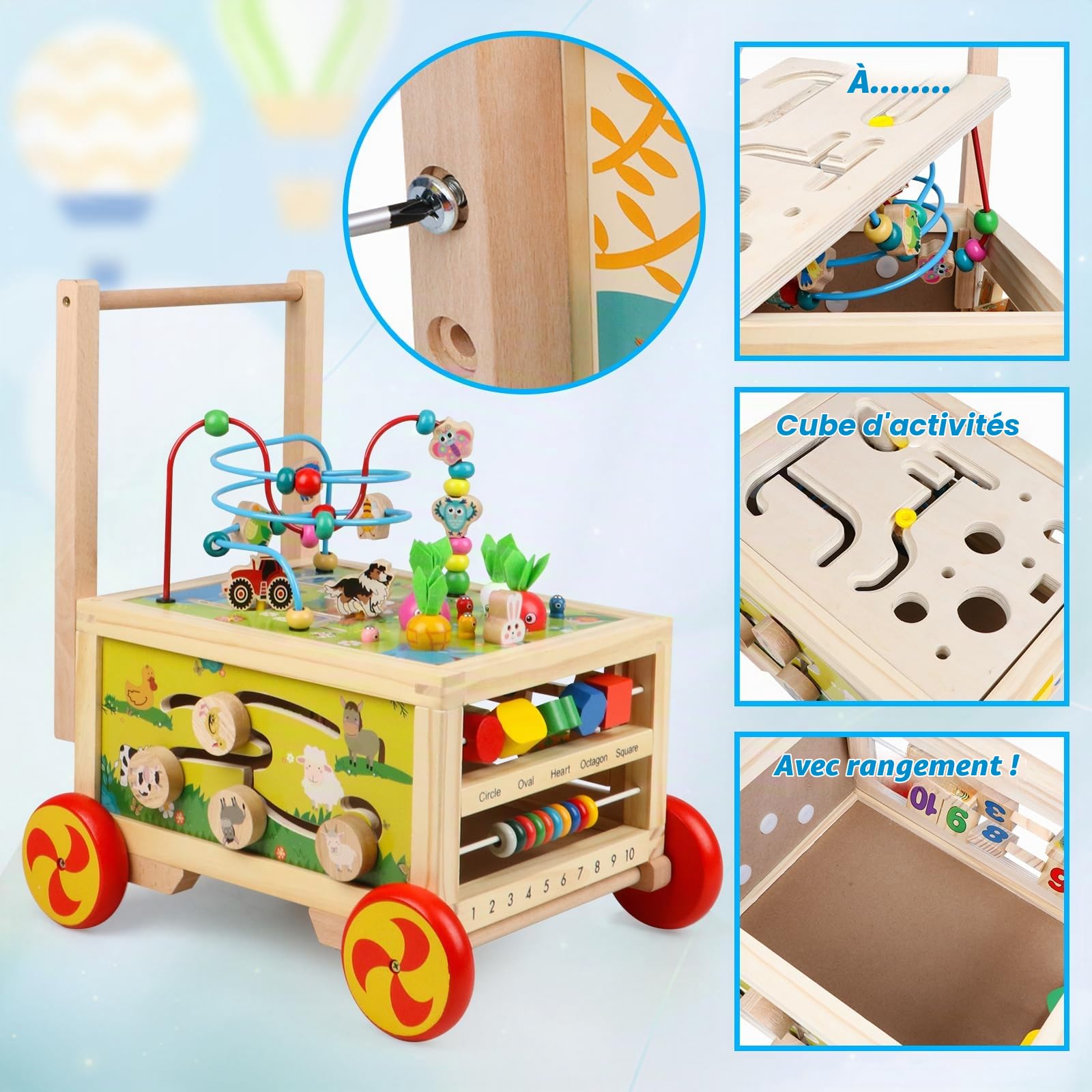 Cube Magique d'activité en Bois avec Roues pour garçon et Fille