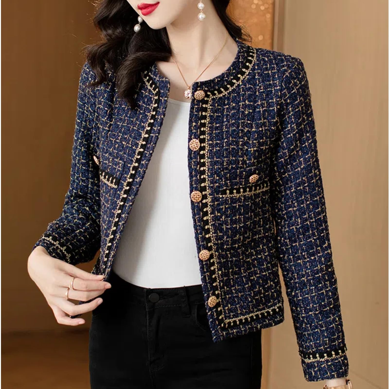 Tweed Blazer Damen im Chanel Stil | Damen Elegante Rundhals Tweed Jacken Kleine Duftende Stil Jacke Mantel Tops