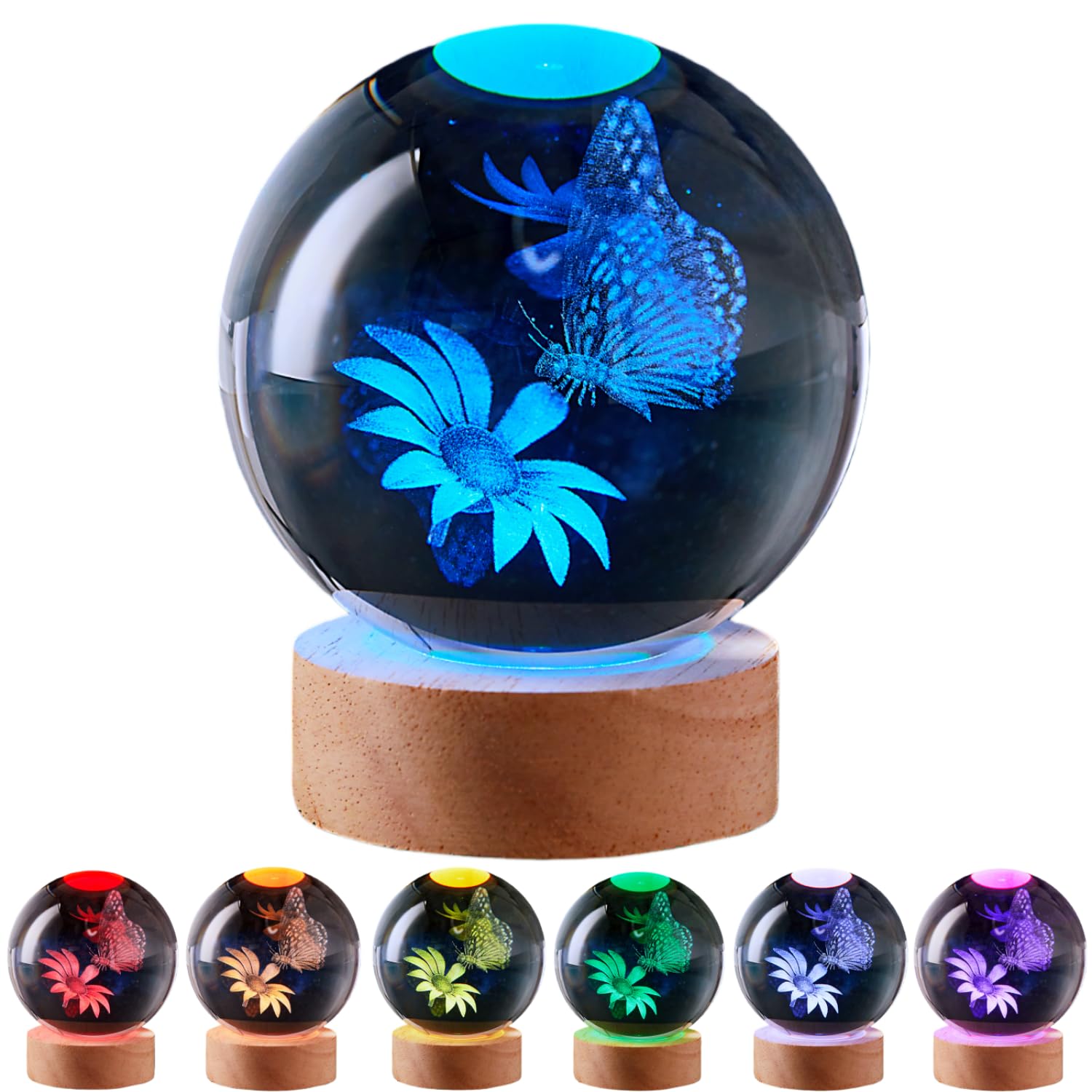 3D Butterfly Crystal Ball Lamp with Remote Control, 3.15 inch Butterflies Crystal Night Light with Wooden Base 16 Colors Change, Flower Glass Figurine Lamp Gift for Girls Boys Wife Mom (Butterfly)