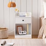 HOOBRO Nightstand with Charging Station, Wooden End Table with Drawer and Opening Shelf, Side Table with USB Ports and Outlets, BedsideTable for Bedroom, Night Stand Simple Style, White WT18UBZ01