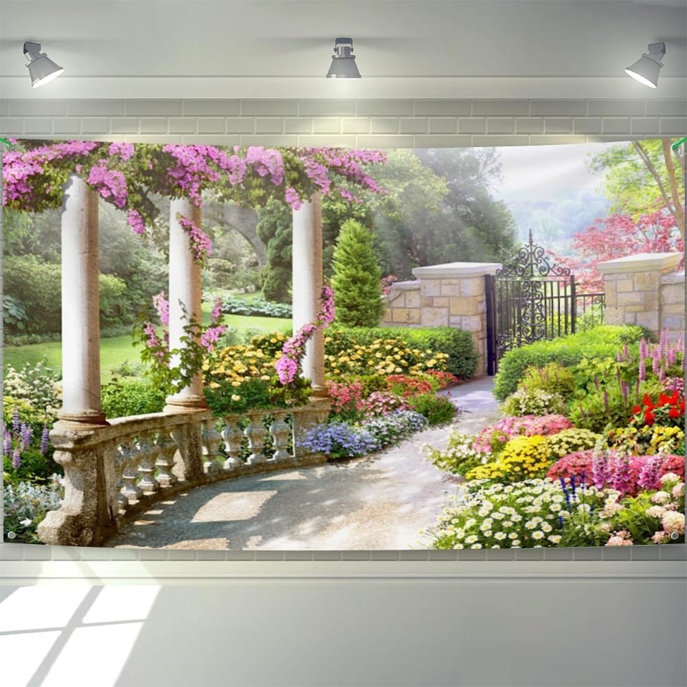 7x16ft Spring Beautiful Garden Garage Door Decorations Vintage Garden Architecture Pillars Blooming Flowers Garage Door Cover Yard Outdoor Wedding Party Portraits Photo Booth Props Wallpaper