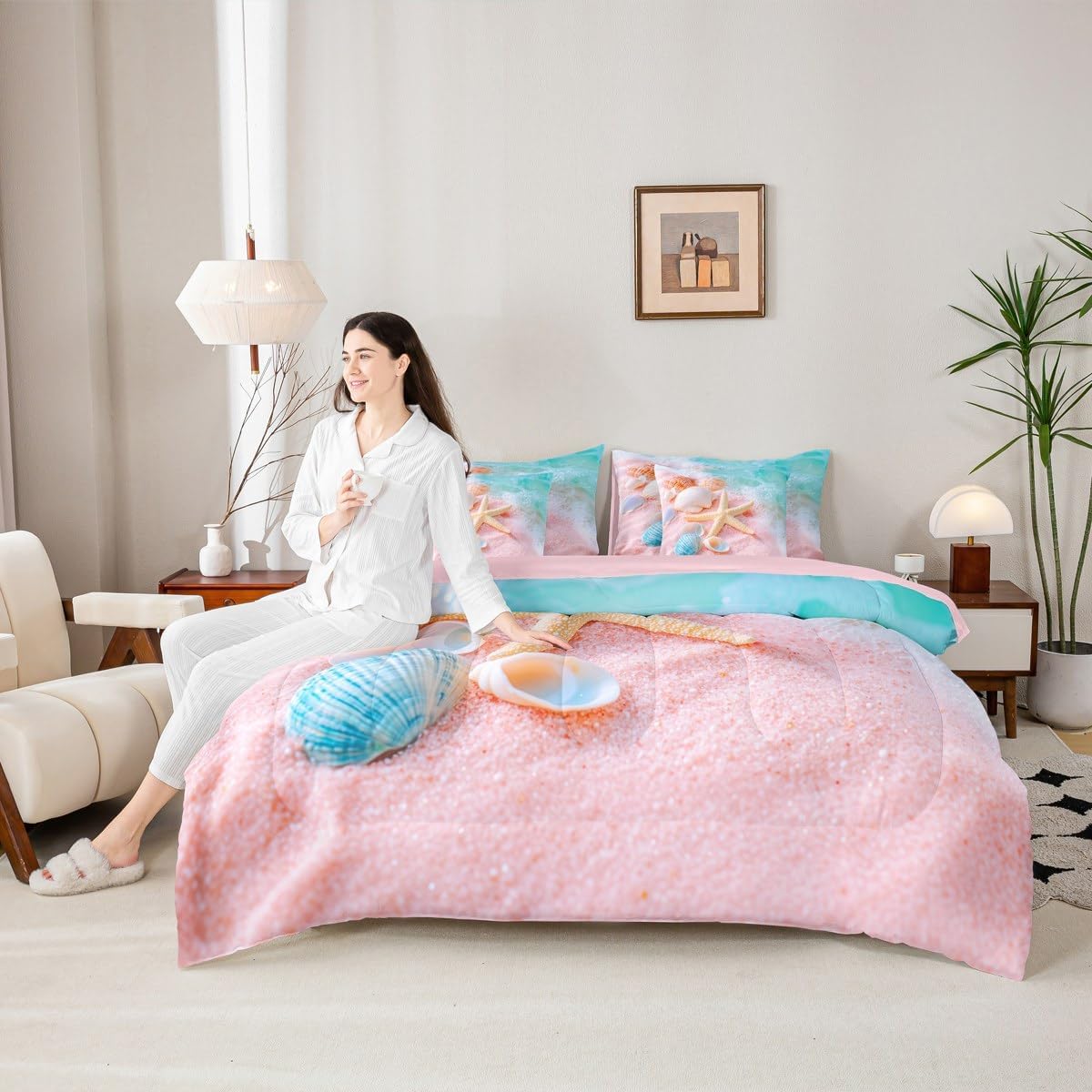 Feelyou Pink Ocean Beach 7 Piece Bedding Set Starfish Beach Comforter Set with Sheets for Kids Boys Girls Summer Holiday Bed in a Bag Seashell Bed Set Soft Lightweight