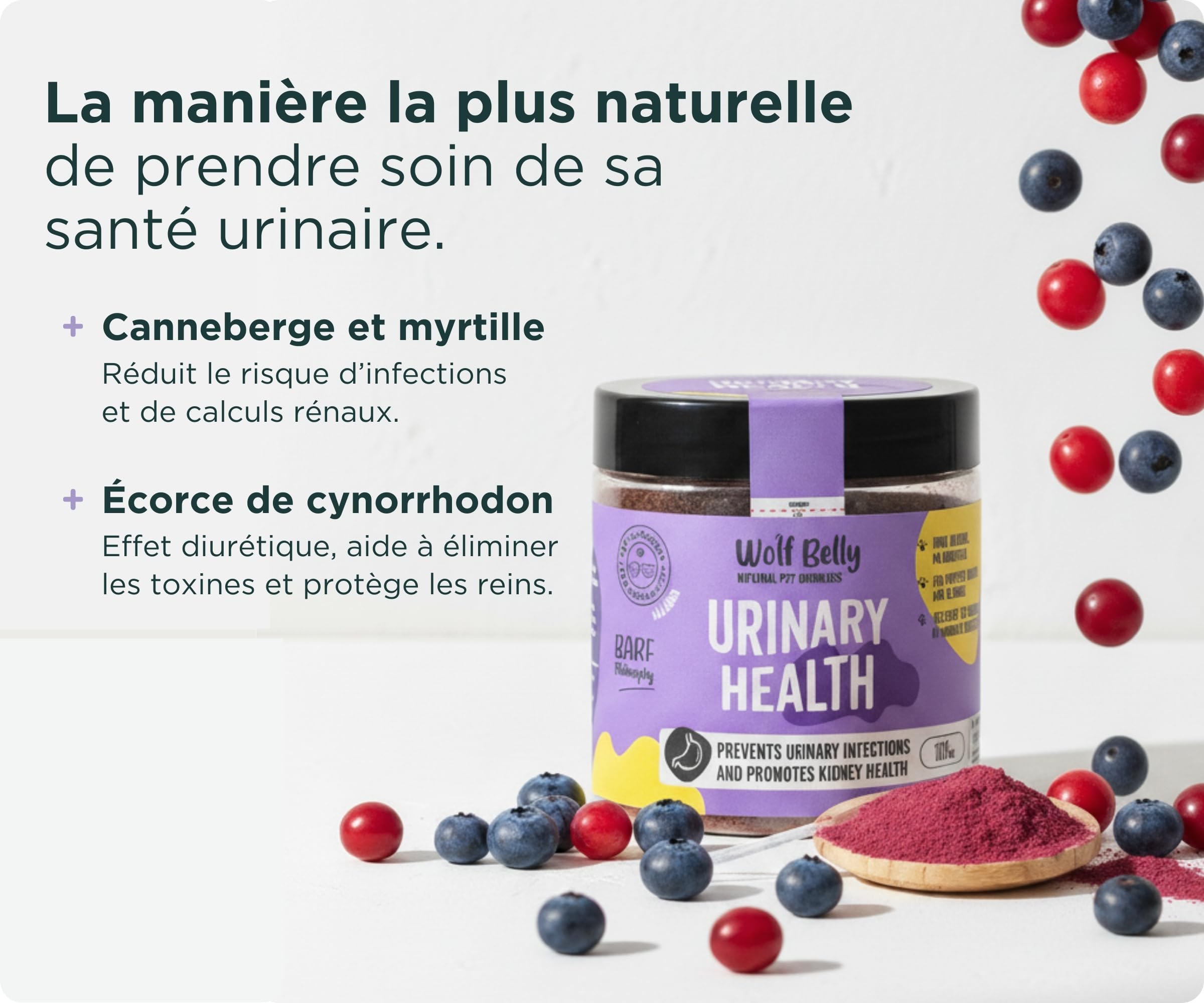Wolf Belly - Traitement Infection Urinaire Chat et Chien 100% Naturel (180 g) Cystite Chat Médicament | Canneberge Poudre Riche en Vitamine C | Santé Reins pour Seniors et Chats - Fabriqué en Europe