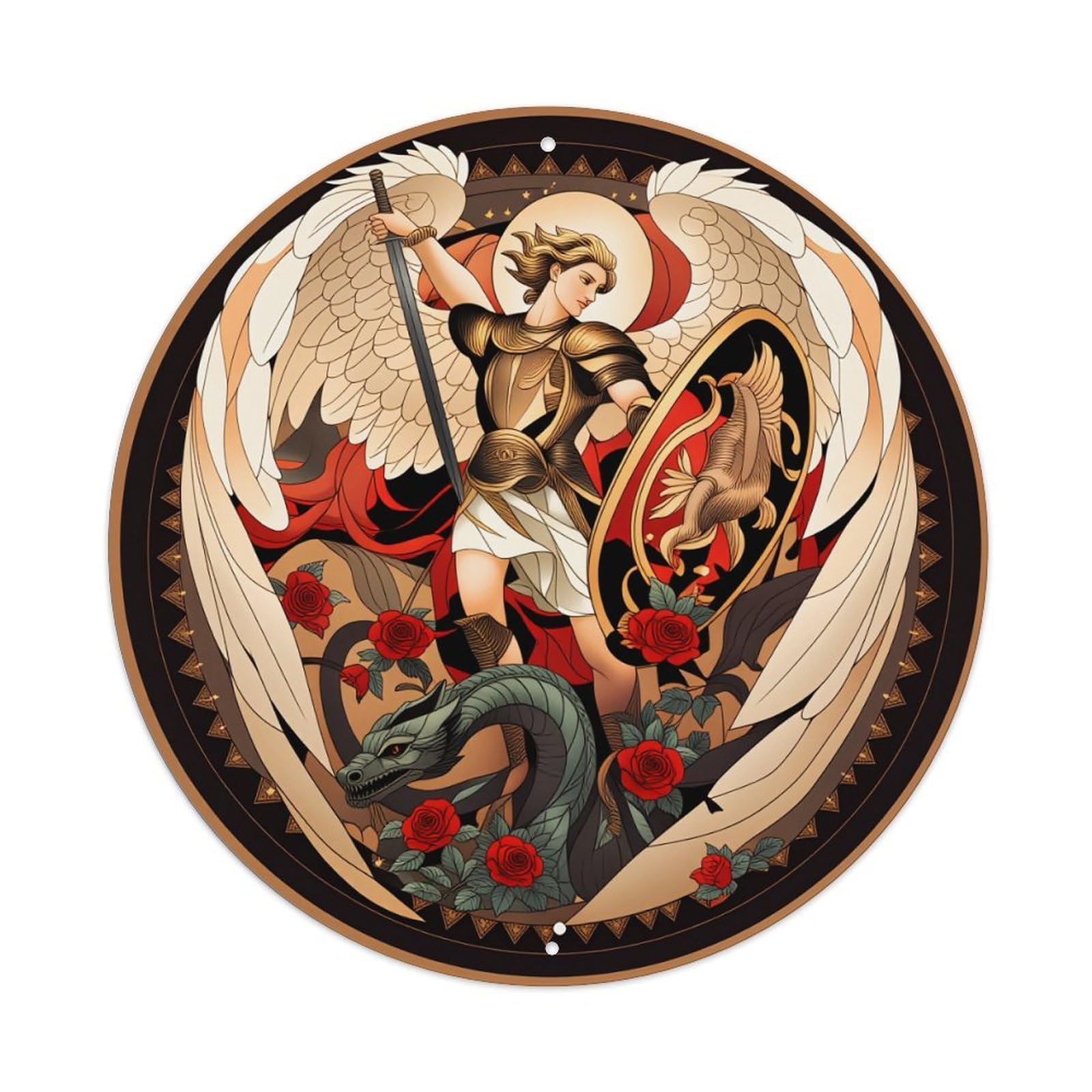 Angel Warrior With Wings And Shield Fighting Dragon Metal Tin Sign Plaque