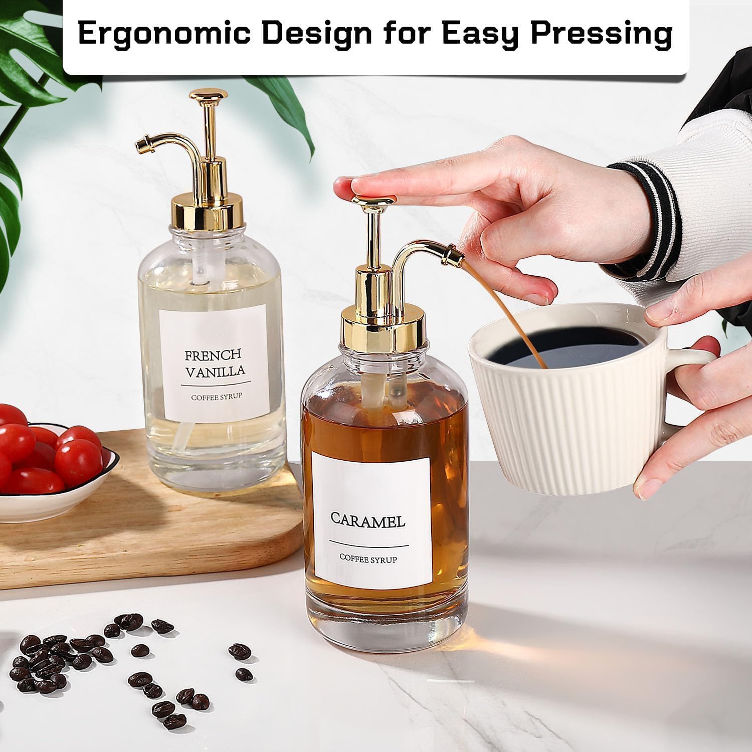 MHDCLY Accessori da bar, dispenser per sciroppo di caffè, confezione da 4, dispenser per sciroppi con etichette, erogatore a pompa per sciroppo per bar (pompa dorata)
