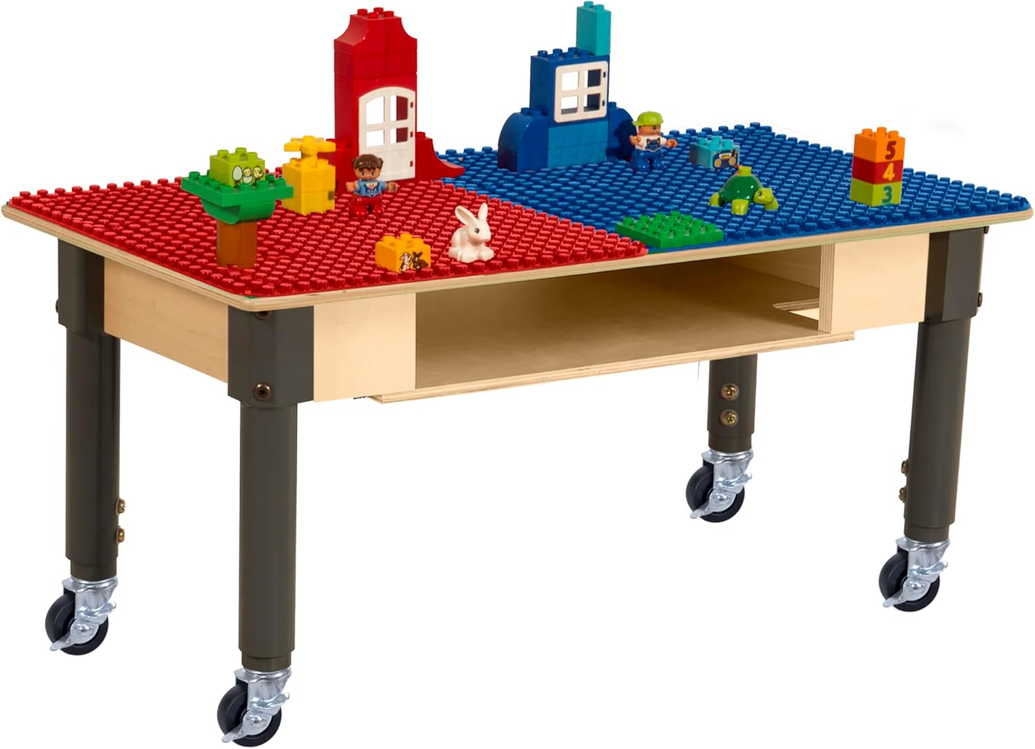 Time-2-Play 30.75"x15.5" Rectangular School Activity Table, Red & blue Duplo compatible Play Table with Built-in Storage N Wheels for Kids, 12”-17” Adjustable Legs [Rolling Casters Included]