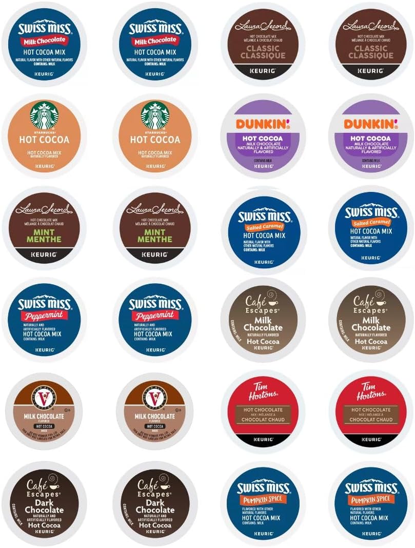 24 Count Hot Cocoa Variety Pack Sampler Includes Dunkin, Starbucks, Tim Hortons, Victor Allen Laura Secord Classic & Mint, Cafe Escapes milk Chocolate & Dark, Swiss Miss milk, Peppermint, Salted