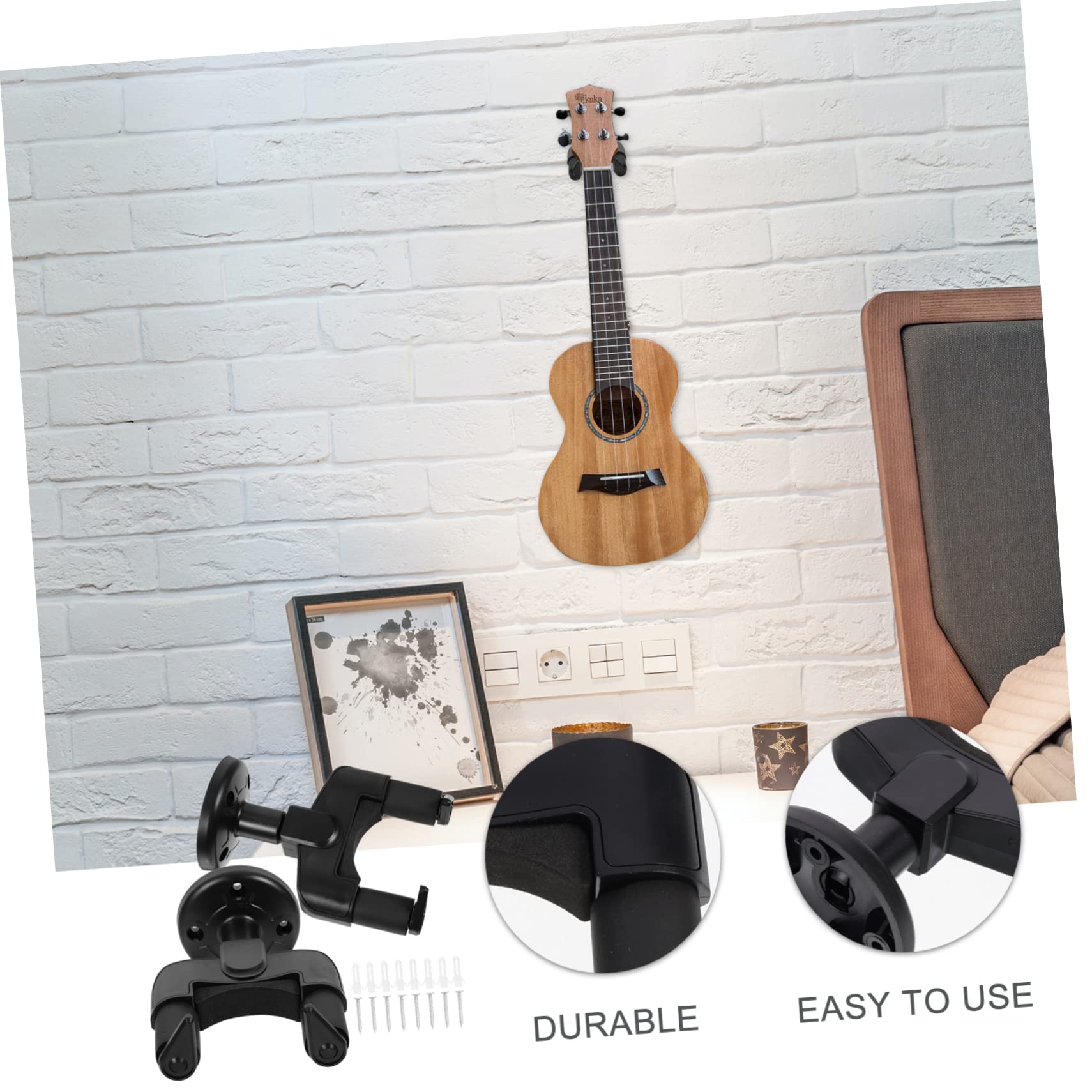 HANABASS 2 Sets Wall Mount Guitar Rack Hanger Ukulele Display Hook with Soft Padded for Acoustic Electric Bass Guitars Easy Installation for Home Use