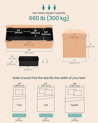 Miniatura 3 de SONGMICS Otomana de almacenamiento, banco de almacenamiento plegable de terciopelo, 2 cajas de almacenamiento adicionales, 15 x 30 x 15 pulgadas,