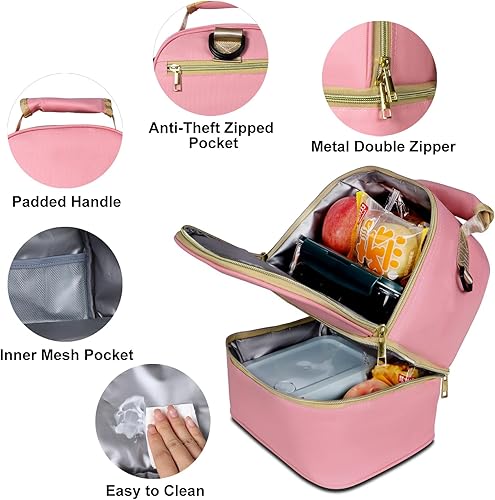 Miniatura 7 de Geestock Mochila de almuerzo aislada para mujer, mochila de almuerzo de doble cubierta, pequeña bolsa de mano con correa extraíble para el hombro,