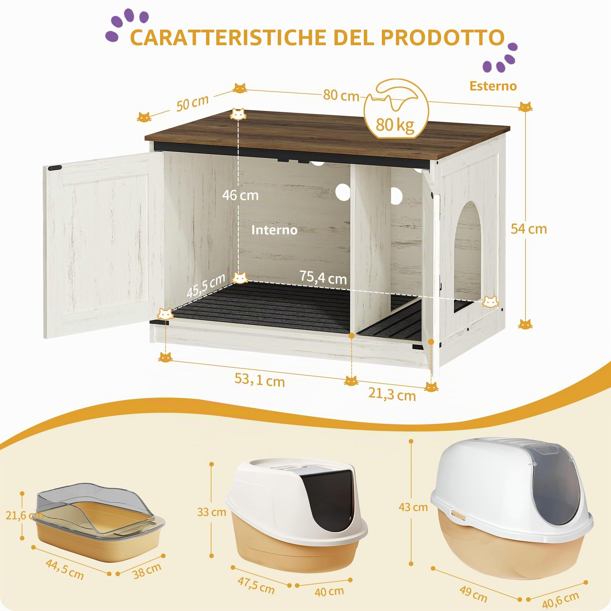 Hzuaneri Mobile Lettiera per Gatti,80cm Bianco Marrone,Divisorio Rimovibile | Mobile Moderno per Lettiera Nascosto con Divisorio Rimovibile, Casetta per Gattis, Cassetta per Gattis per Interno, CB86614X