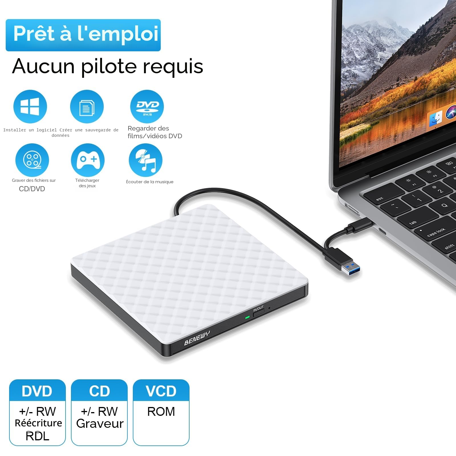 BENEWY Lecteur DVD CD Externe,USB 3.0 Graveur DVD CD Externe Lecteur CD/DVD/ROM Optique Externe pour PC Laptop, Macbook, Mac OS,Windows11/10/8.1/7/XP/Vista