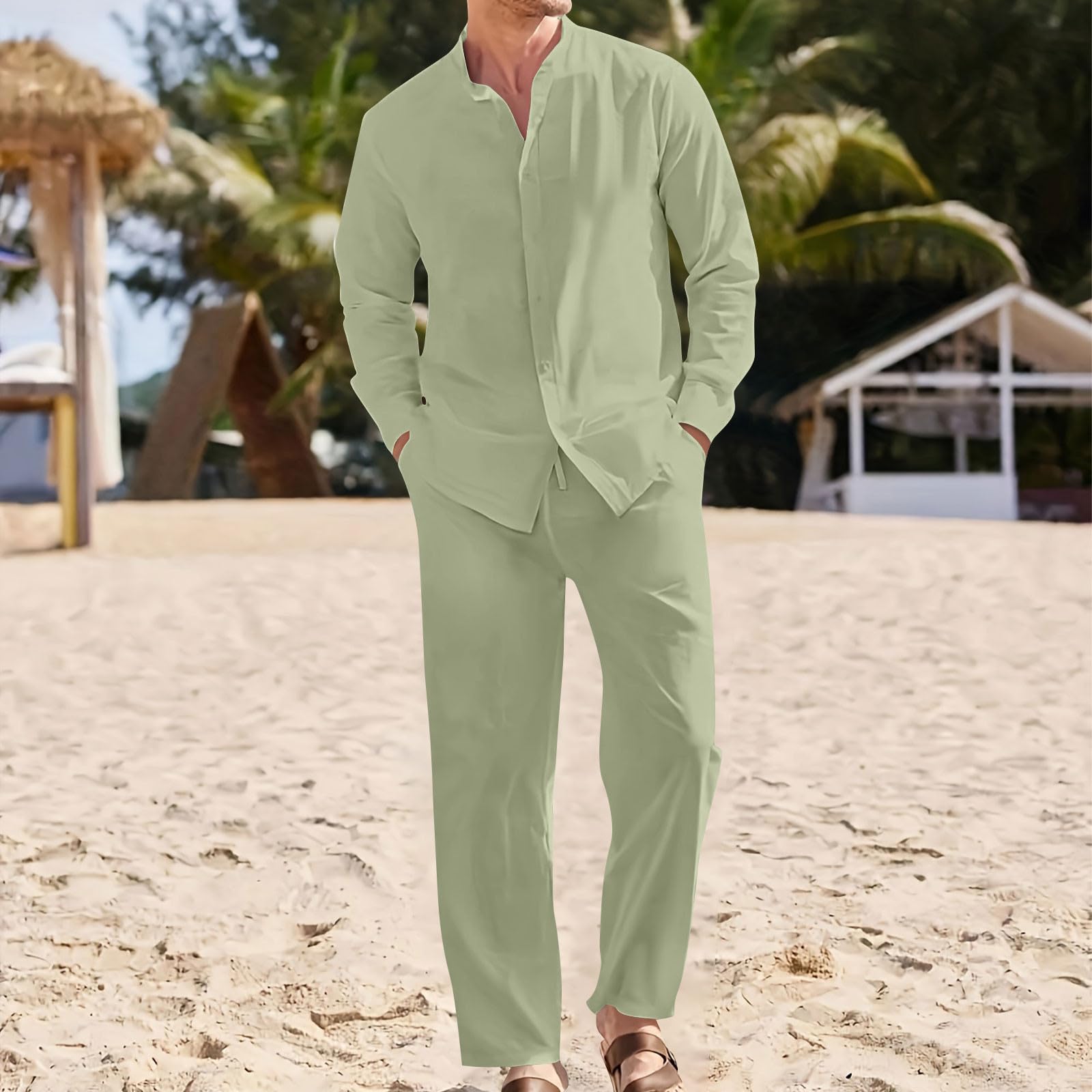 HAOLEI Conjunto Lino Hombre,Algodón y Lino Conjunto Verano Hombre de Dos Piezas Camisas Manga Larga y Pantalones Largo Camisas Hawaianas de Playa con Botones Ligero y Transpirable Trajes de Ocio