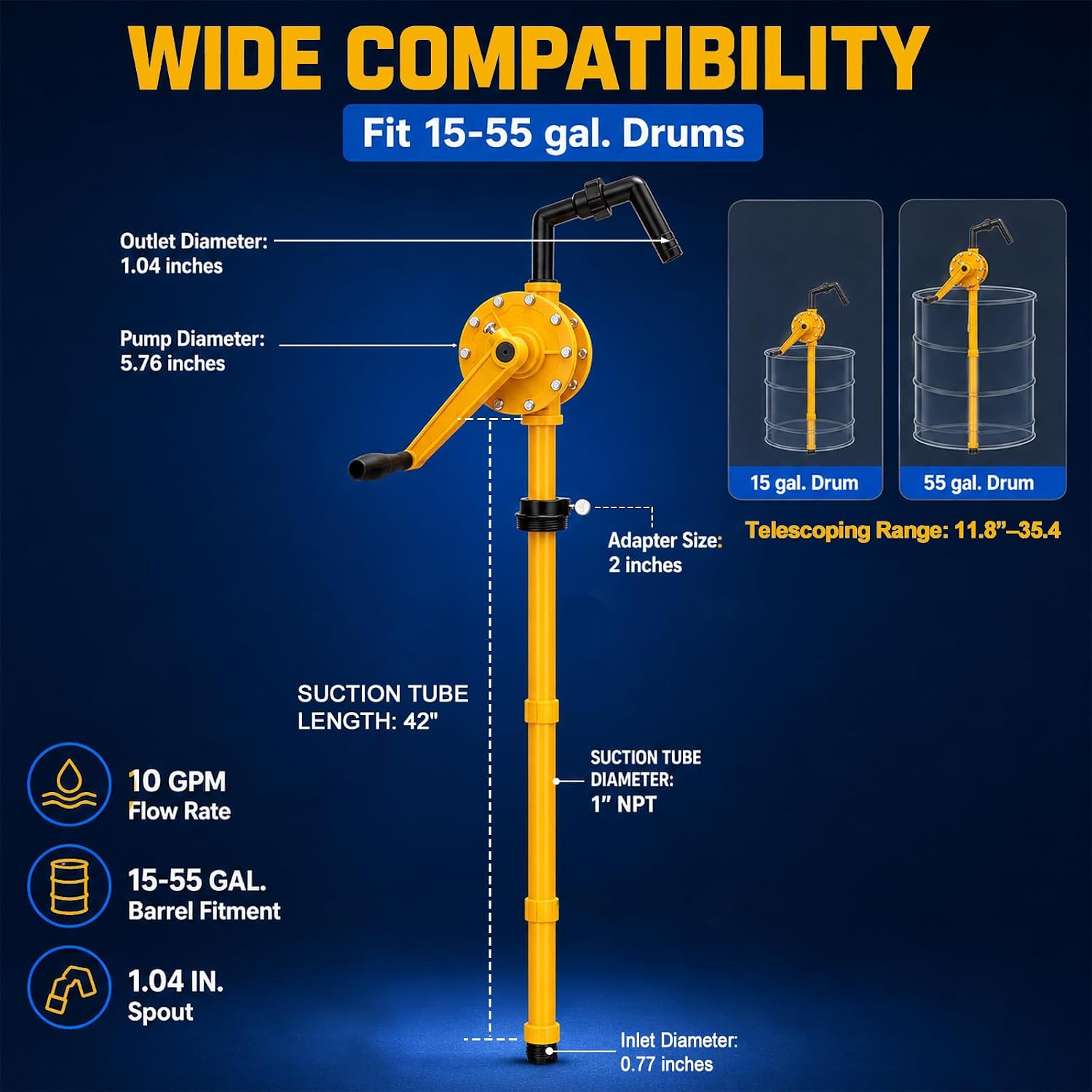 15-55 Gallon Drum Pump, 10 GPM High Flow Manual Liquid Transfer Pump