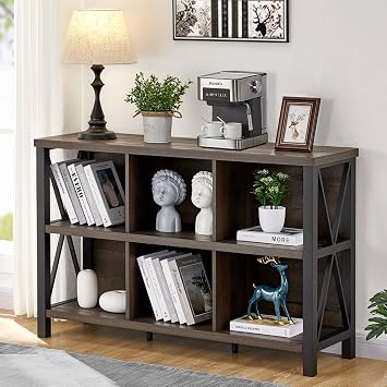FATORRI Rustic 6 Cube Storage Organizer with Shelf, Wood and Metal Cubby Bookcase, Industrial Horizontal Bookshelf for Living Room, Home Office Walnut Brown, 47 Inch