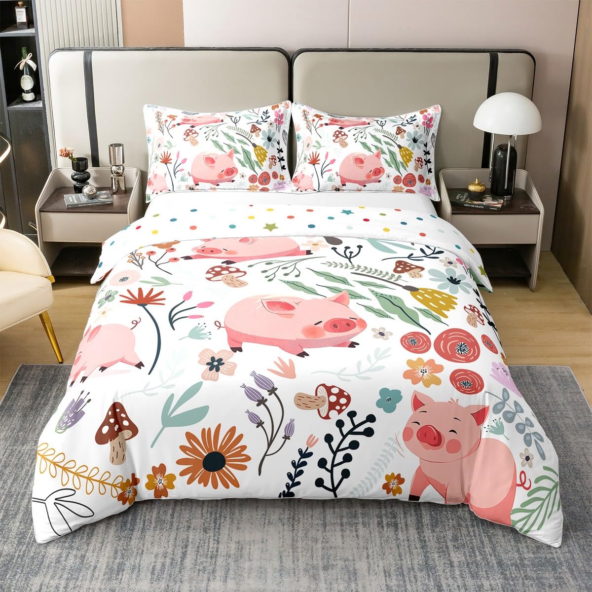 Nettes Schwein 100% Natürliche Baumwolle Bettbezug für Jungen Mädchen,Schöne Haustier Tier Tröster Abdeckung 135x200,Cartoon Rosa Schwein Bettwäsche Set,Bunte Blumen Pilz Bettwäsche Abdeckung