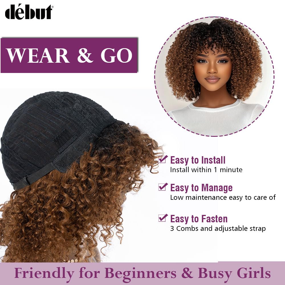 Glueless Bob Wigs Human Hair Ombre Auburn Brown Short Curly Wigs with Bangs Wear and Go Kinky Curly Brazilian Hair Wigs 200% Density for Black Women TT1B/30 12 Inches