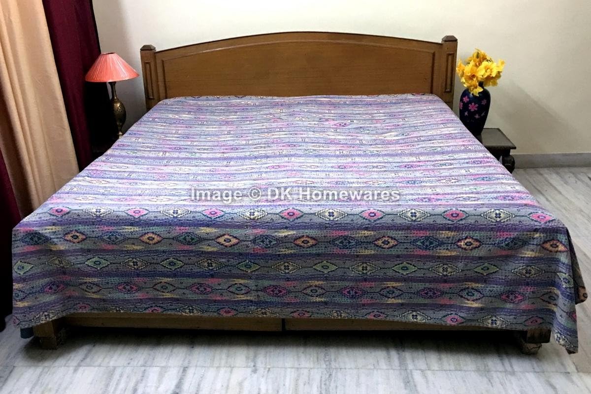 Indian Bohemian Grey Queen Size Kanta Quilt Cristmas Gift Cotton Kantha Work Ikat Printed Hand Crafted (108 x 90) -Set of 1 Coverlet Bedspread