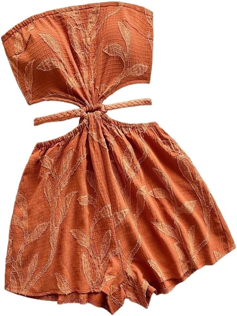 Rompers for Women Summer 2026 Brown Wicker Strapless Cutout Waist Jumpsuit