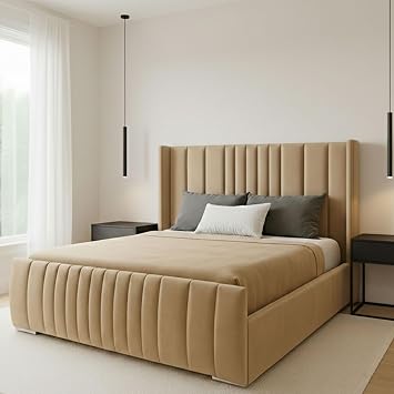 Luxury Upholstered 48  Winged Panel Bed Frame with Vertical Headboard & Footboard | Ottoman Storage & Mattress | Plush Velvet | Double Super King Sizes Blue With Mattress, Swatches