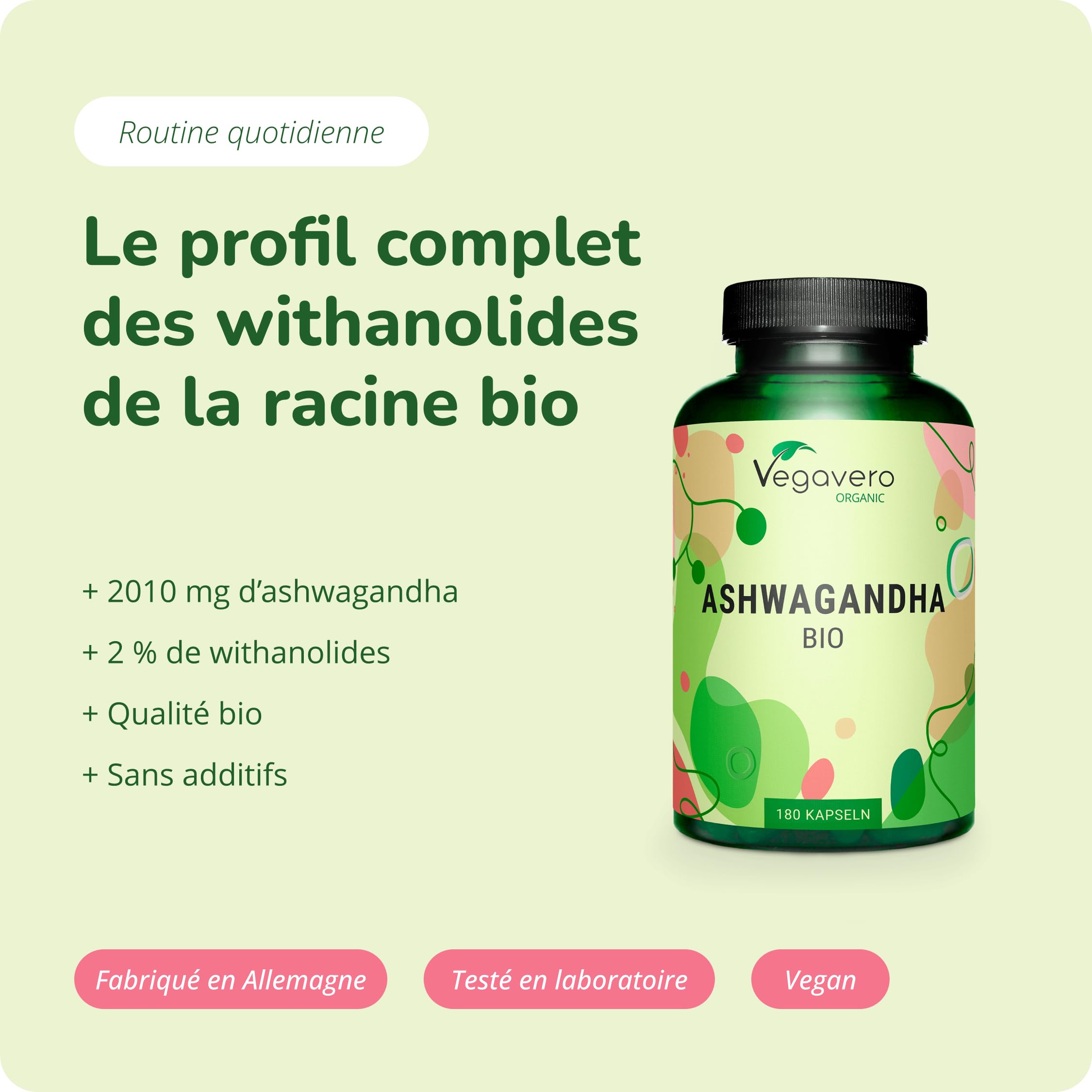 Ashwagandha BIO | Extra Fort : 2010 mg par Portion | 180 Gélules Vegan | Qualité Premium : Sans Additifs & Standardisé en Withanolides | Vegavero®