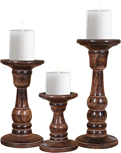 Juego de 3 portavelas de madera (10, 8, 6 pulgadas) Portavelas de pilar hecho a mano Portavelas decorativo de madera de mango rústico para el