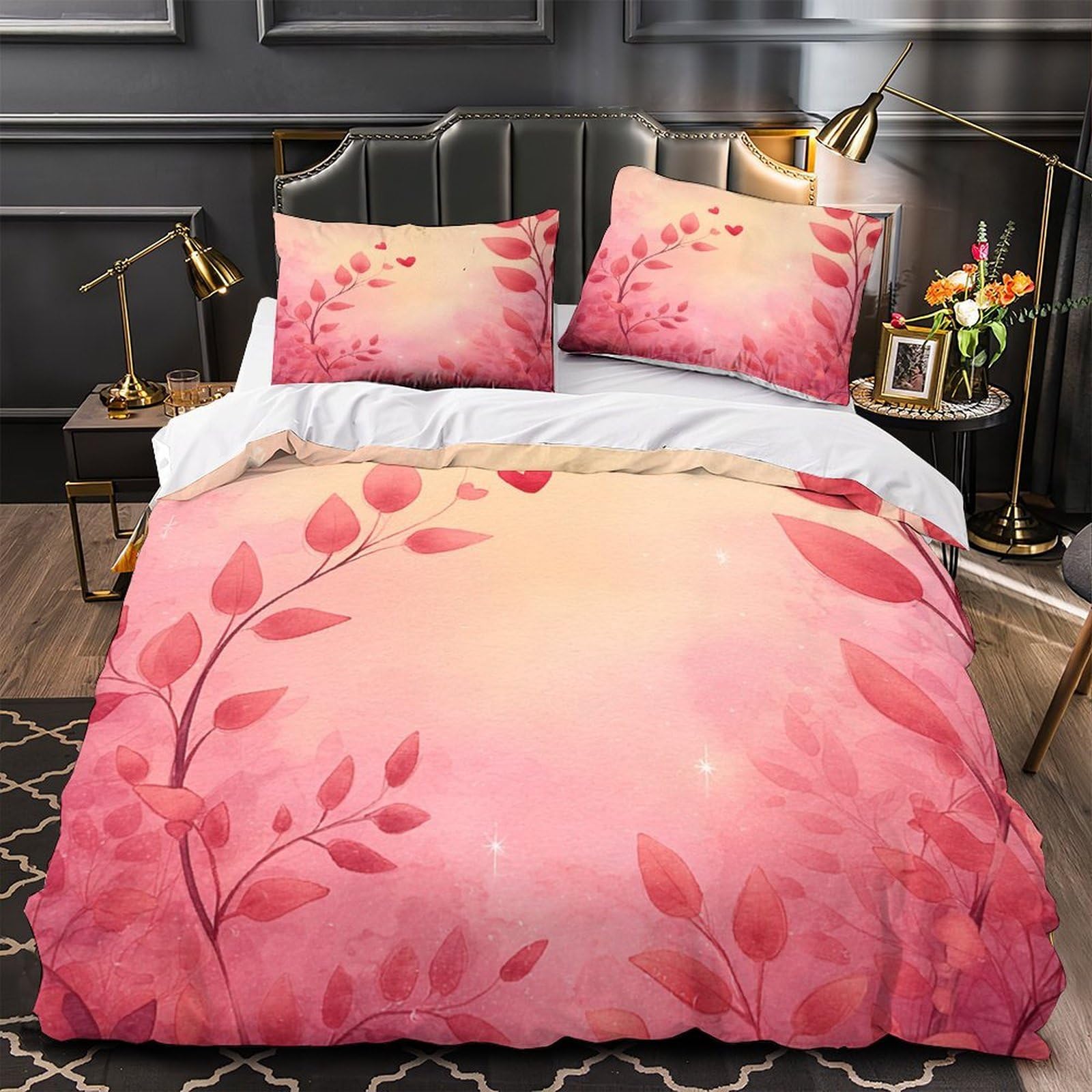 Housse de couette anti-acarien feuilles romantiques douce pour peau sensible 135x200