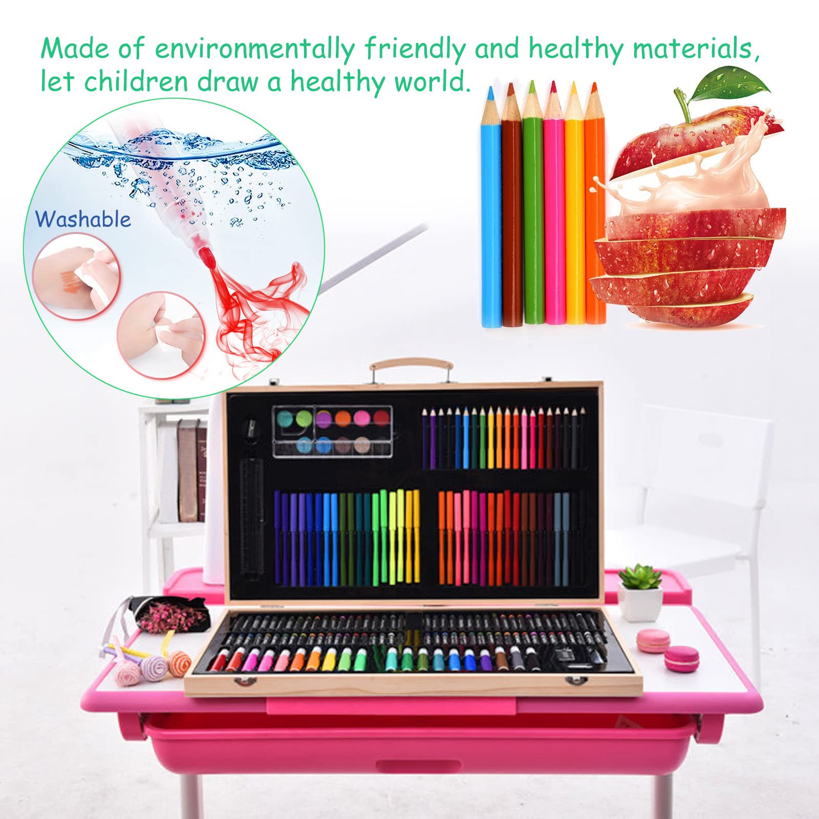 Set Disegno Portatile Bambini JasCherry 180 Pezzi | Con Valigetta In Legno | Matite, Acquerelli, Pennarelli | Regalo Creativo