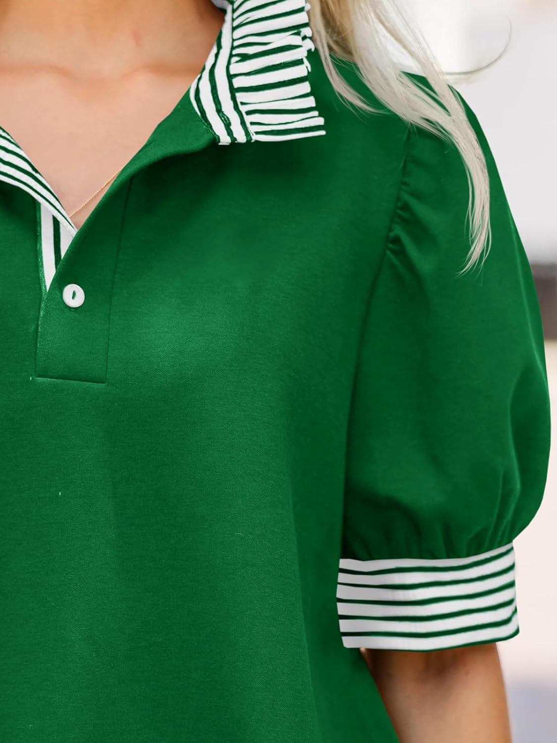 Cicy Bell Womens Summer Puff Sleeve Blouses Casual Dressy Ruffle V Neck Tops Color Block Striped Loose Fit Button Polo Shirts - Image 5