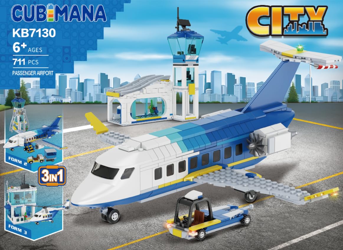 City Passenger Airplane Building Set, 711 PCS 3 IN 1 Plane Building Blocks Kit with Airport Terminal, Radar Tower, Luggage Truck, Planes Model Toys Gift for Boys Girls Kids 6 7 8 9+ Years Old