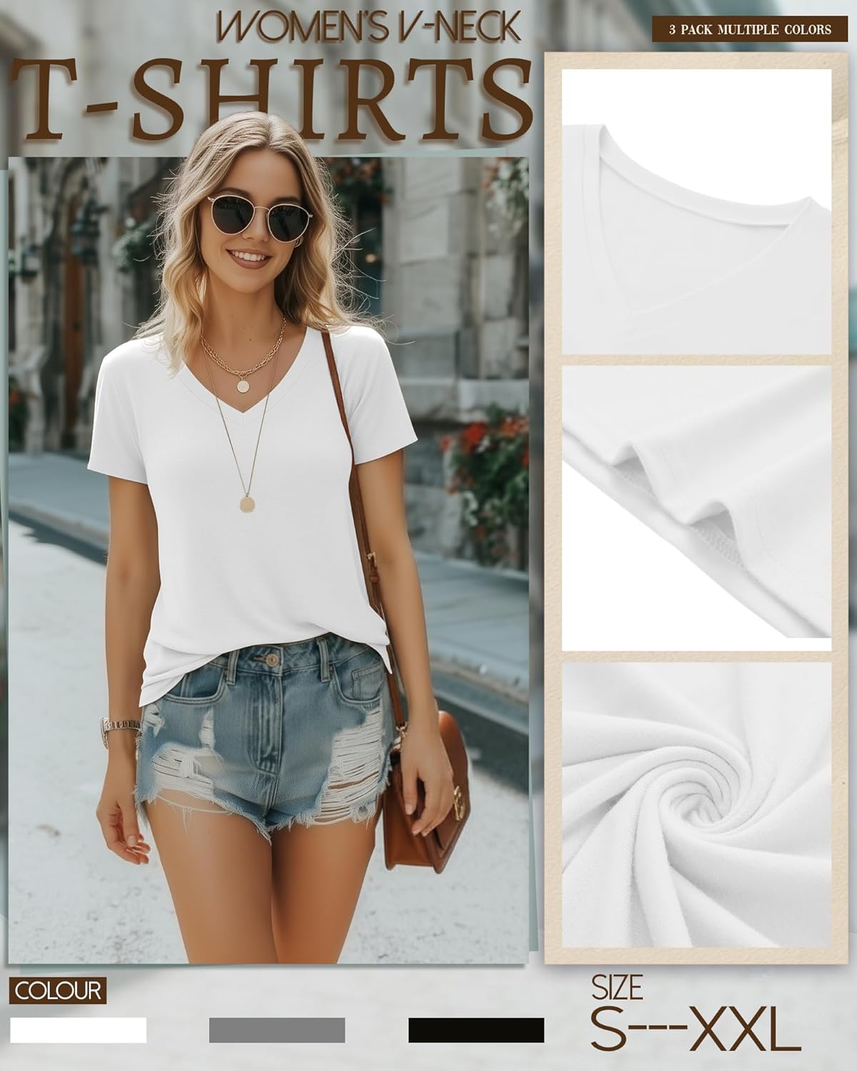 Riyiper 3 Pack Women's V Neck T-Shirts Short Sleeve Loose Fit Tops Casual Basic Trendy Straight Hem Plain Tees - Image 4