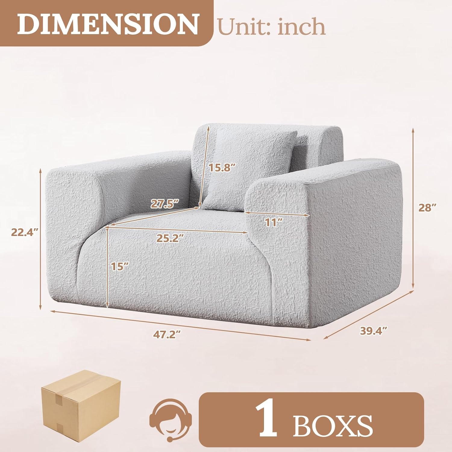 ANJ 47.2" Oversized Accent Chair，Textured Fabric Armchair with Wide Armrests, Boneless All-Foam，Comfy Deep-Seat Single Sofa Chair for Living Room ， Bedroom，No Assembly Required, Light Gray