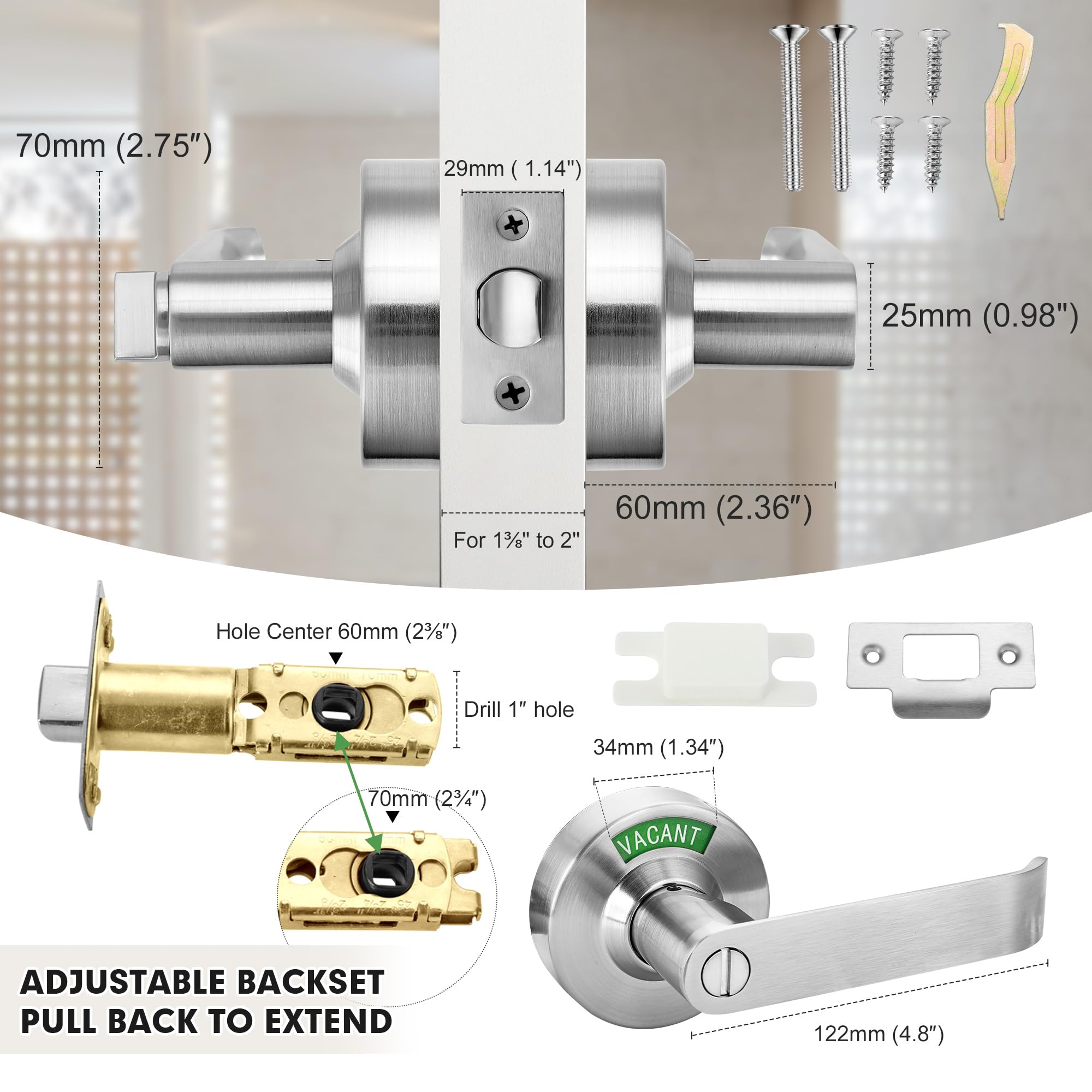 Malimali Manija de puerta comercial con letrero ocupado, manija de puerta de baño con cerradura, manija de puerta de privacidad de acero inoxidable, cerradura de palanca de puerta para baño, baño