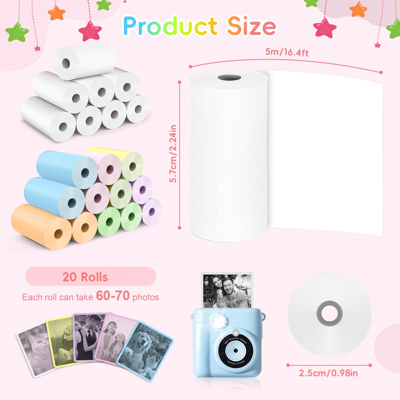 Flintronic 20 rolek kolorowego papieru termicznego dla dzieci, aparat do natychmiastowego druku, wkład papieru fotograficznego 57 x 25 mm, druk bez atramentu, bez BPA, kompatybilny z większością mini