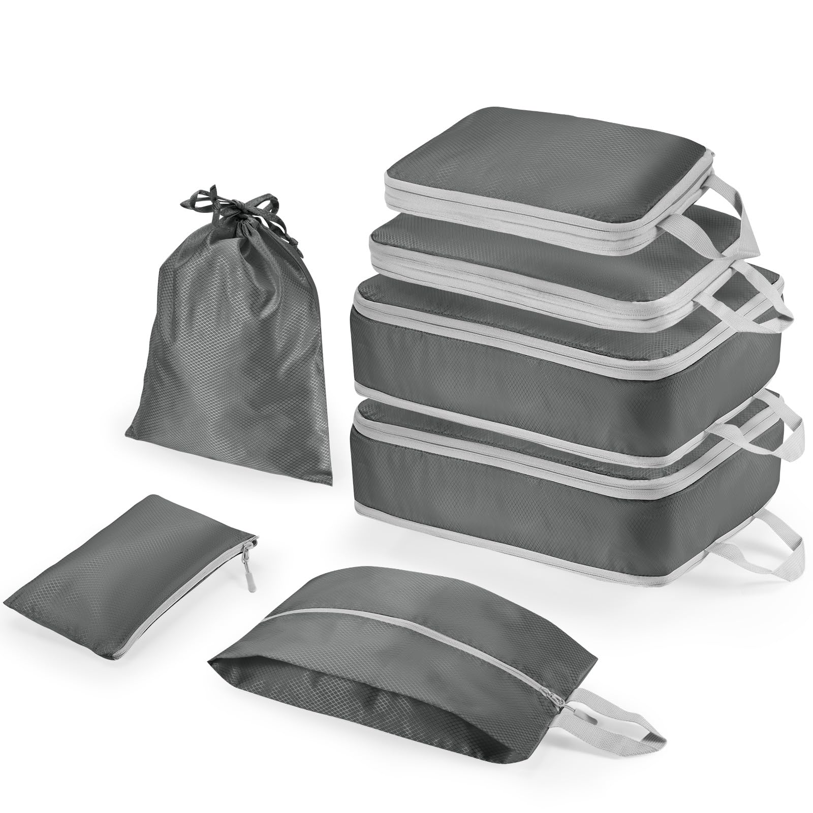 Compression Packing Cubes 7-Piece Set with Multi- Compartment Travel Bag, Waterproof Suitcase Organiser Bags,Travel Packing Cubes for Suitcases, Packing & Storage for Luggage (Grey)